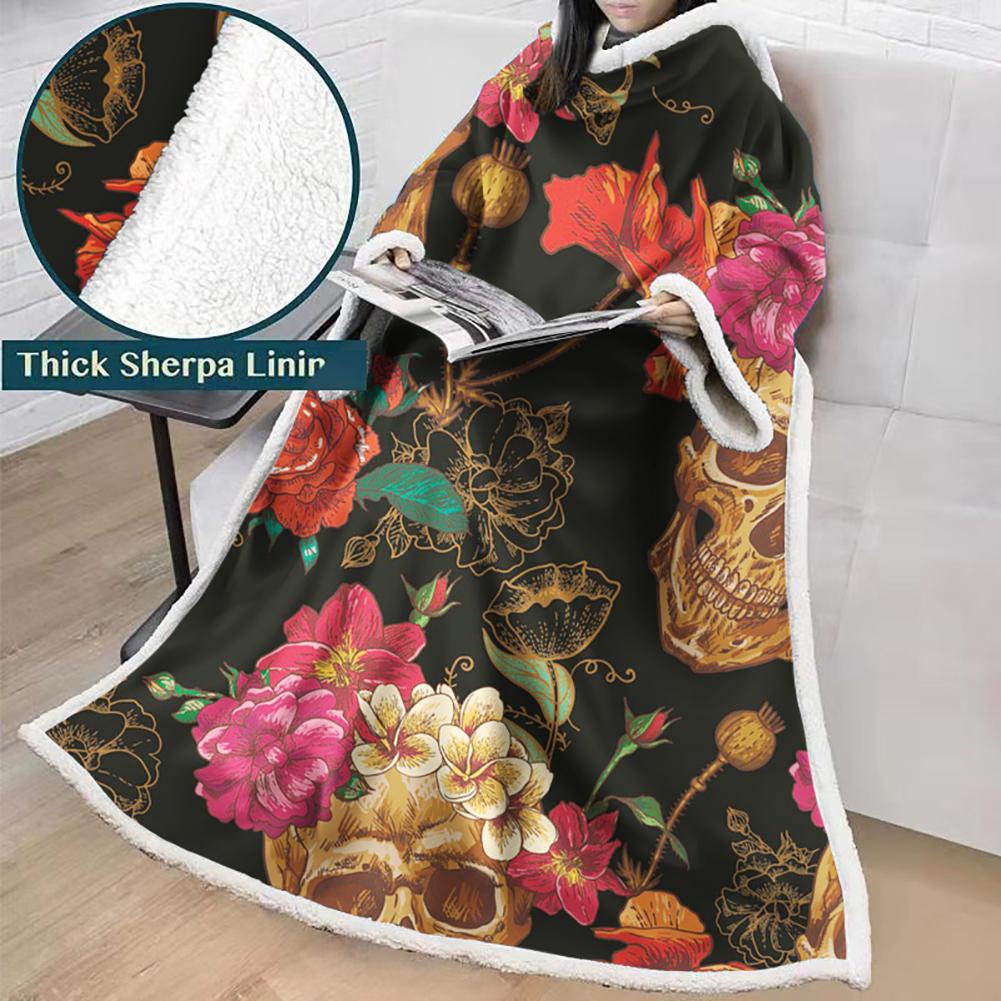 3D Digital Printed Skull Blanket With Sleeves-Horror Blanket Robe