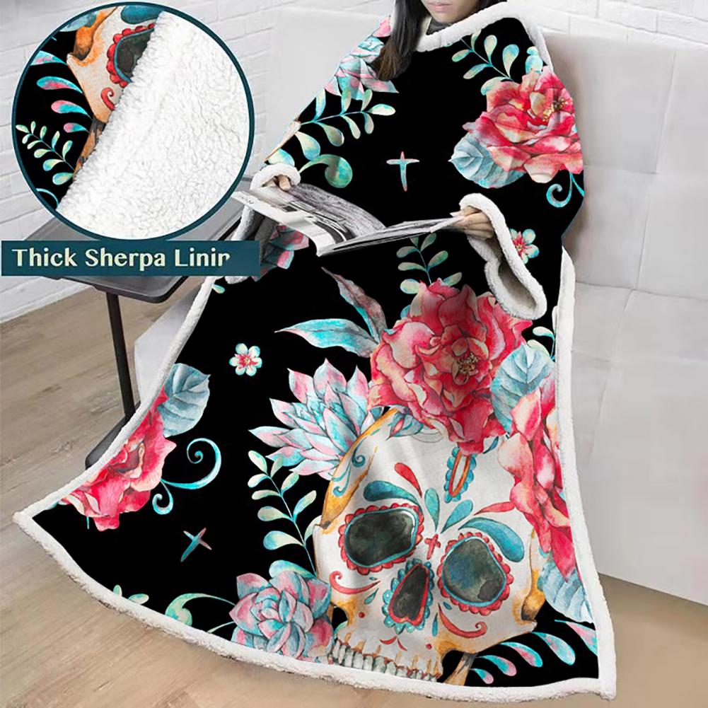 3D Digital Printed Skull Blanket With Sleeves-Horror Blanket Robe