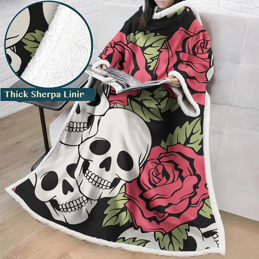3D Digital Printed Skull Blanket With Sleeves-Horror Blanket Robe