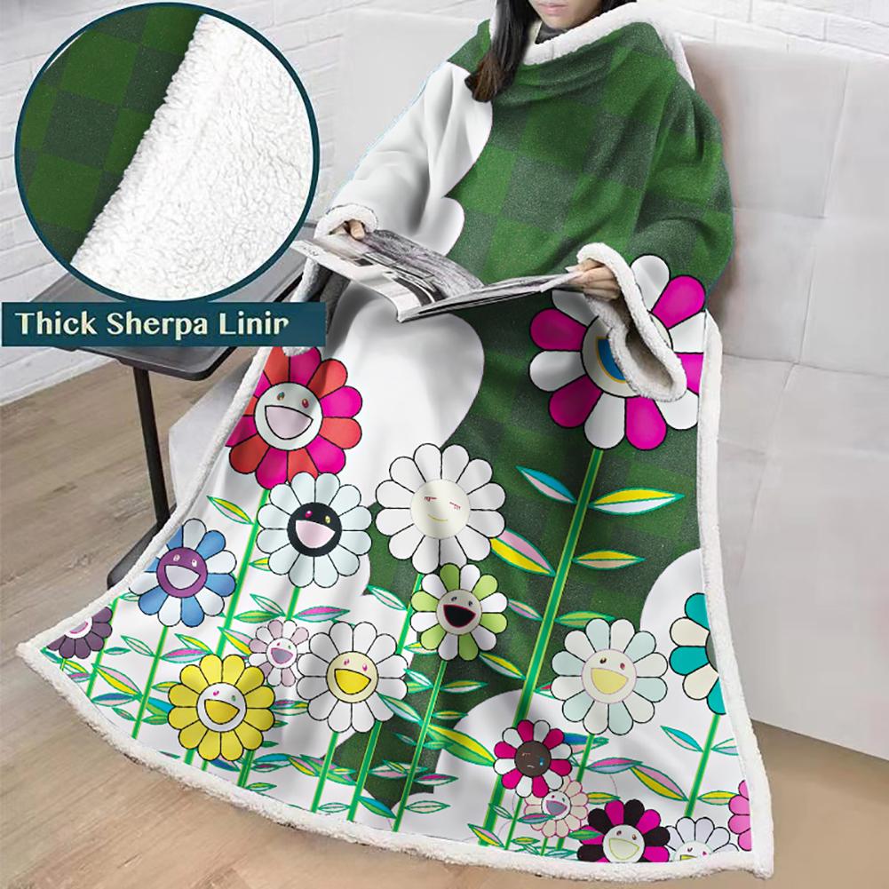 3D Digital Flower Printed Blanket With Sleeves-Cute Cartoon Blanket Robe