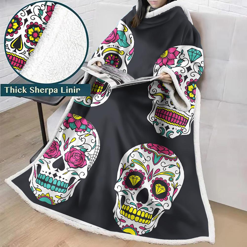 3D Digital Printed Skull Blanket With Sleeves-Horror Blanket Robe