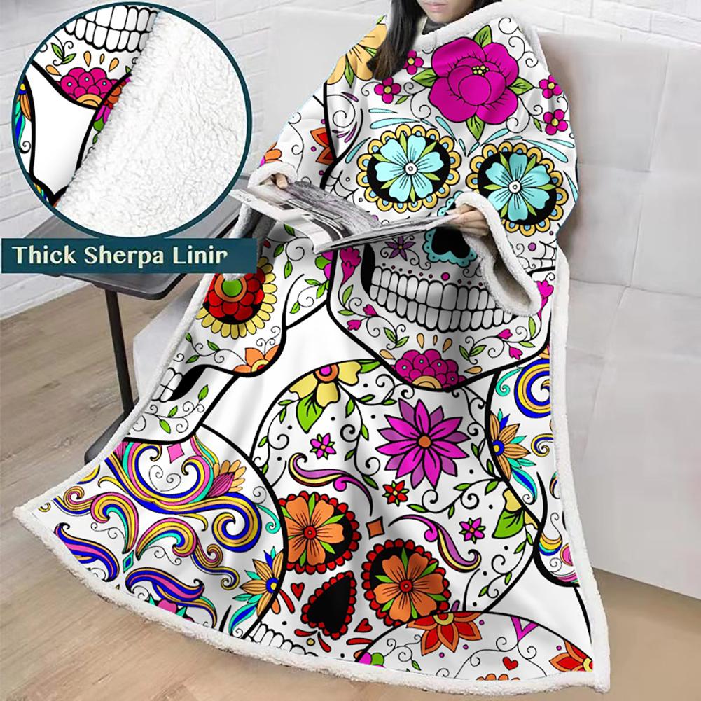 3D Digital Printed Skull Blanket With Sleeves-Horror Blanket Robe