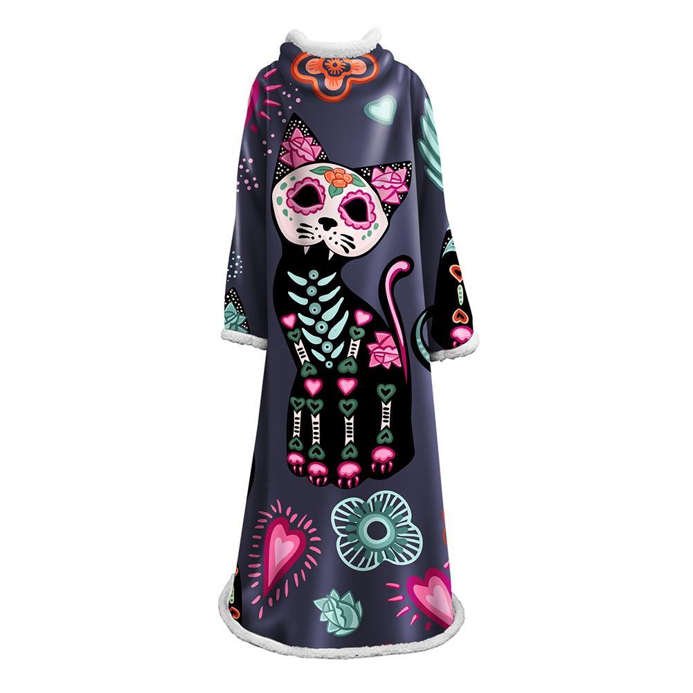 3D Digital Printed Blanket With Sleeves-Horror Cat Blanket Robe