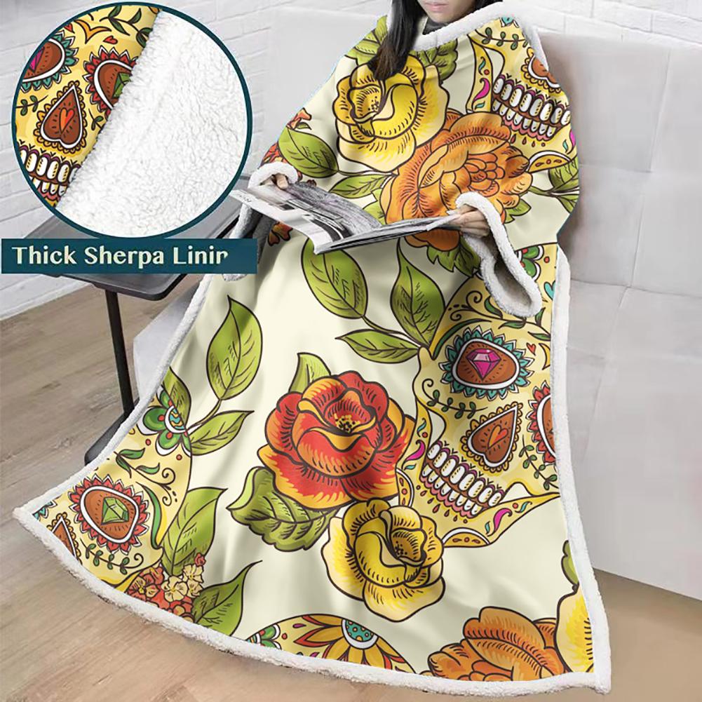 3D Digital Printed Skull Blanket With Sleeves-Horror Blanket Robe