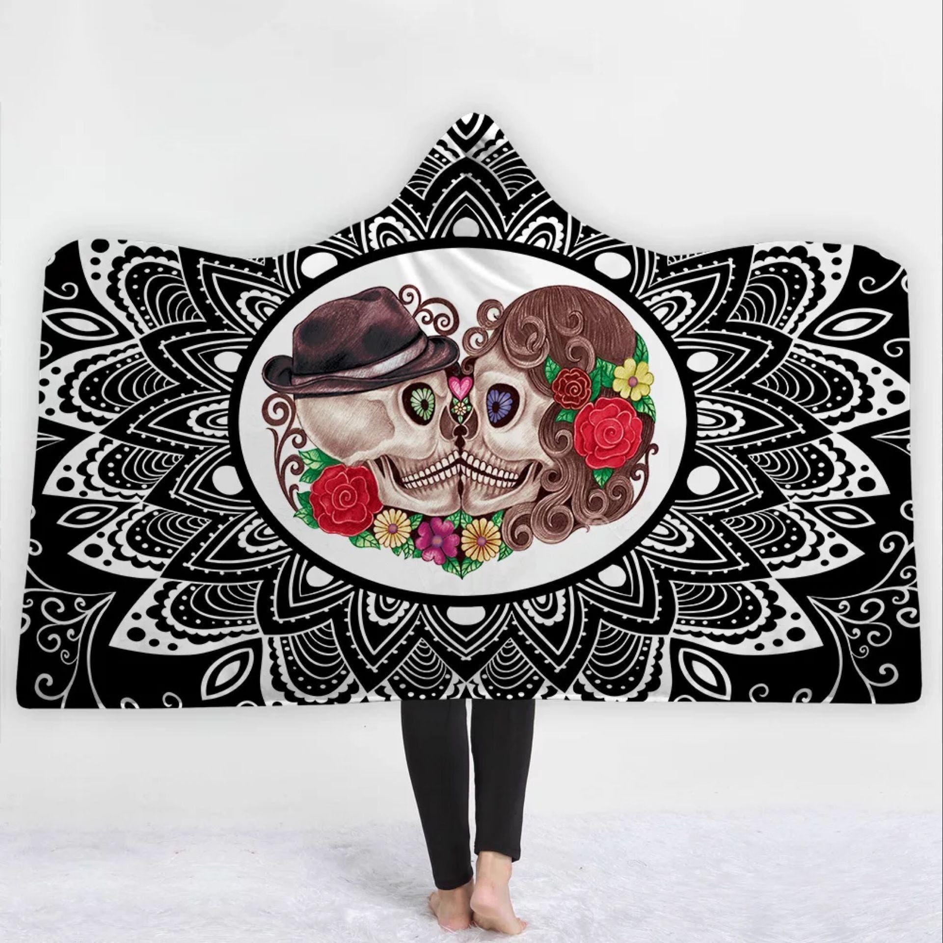 Vintage Sugar Skull Couple Hooded Blanket - Cut Skull Blanket