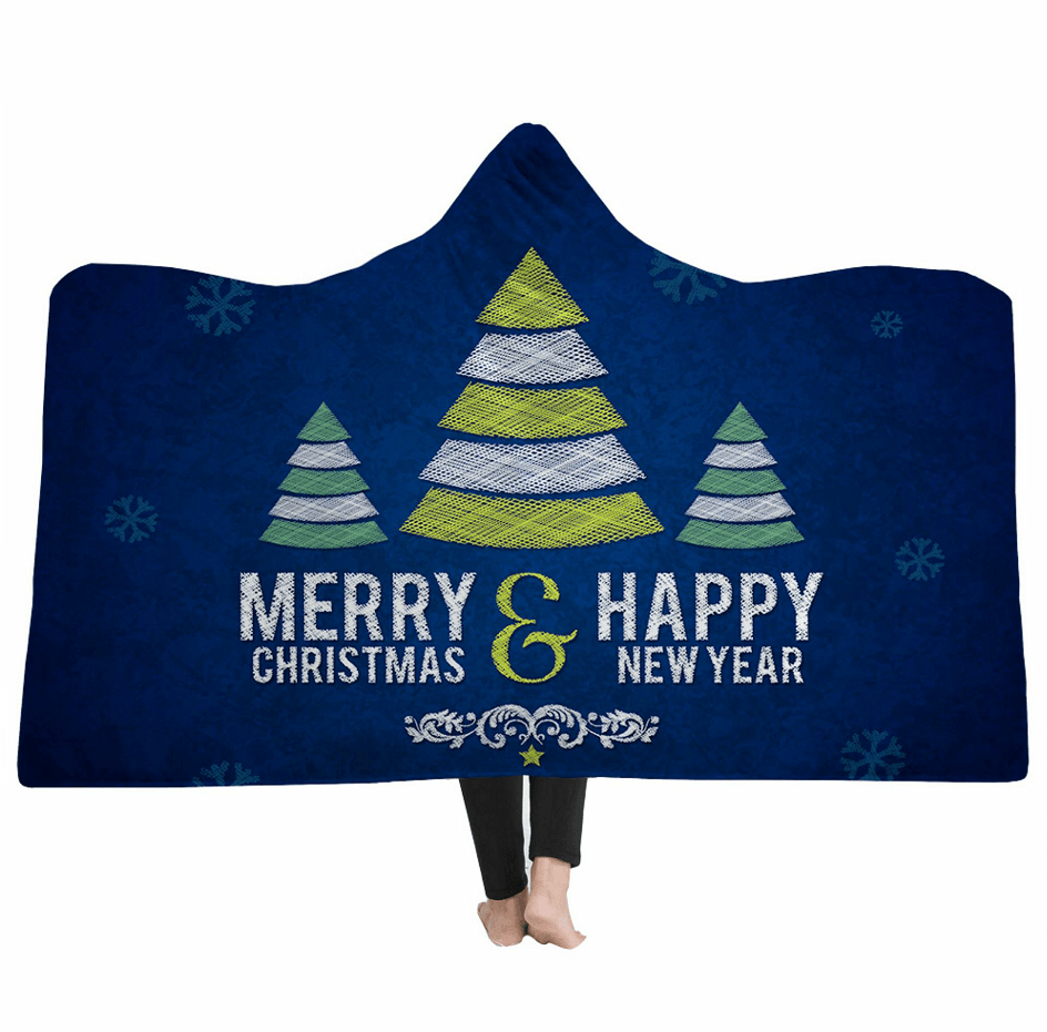 Merry Christmas Hooded Blanket - Three Small Trees Blue Blanket