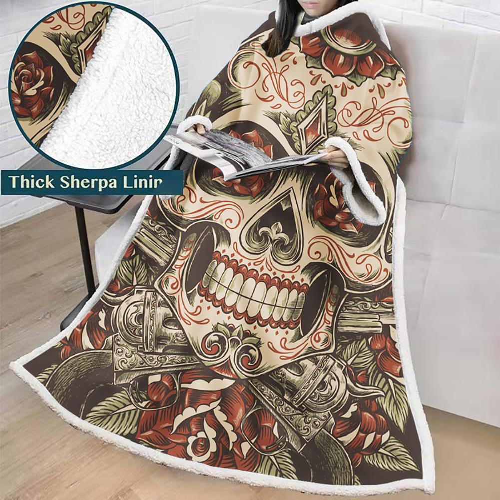 3D Digital Printed Skull Blanket With Sleeves-Horror Blanket Robe
