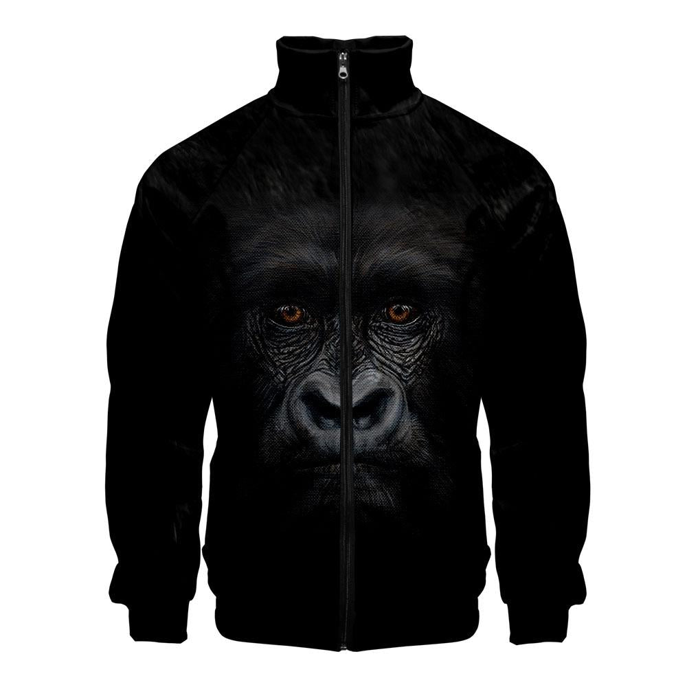 Fashionable Black 3D Print Orangutan Zip Up Stand Collar Hooded Coat