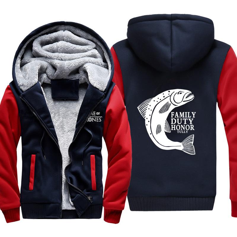 Game of Thrones Jackets - Solid Color DUTY HONOR ACTS Fish Icon Fleece Jacket