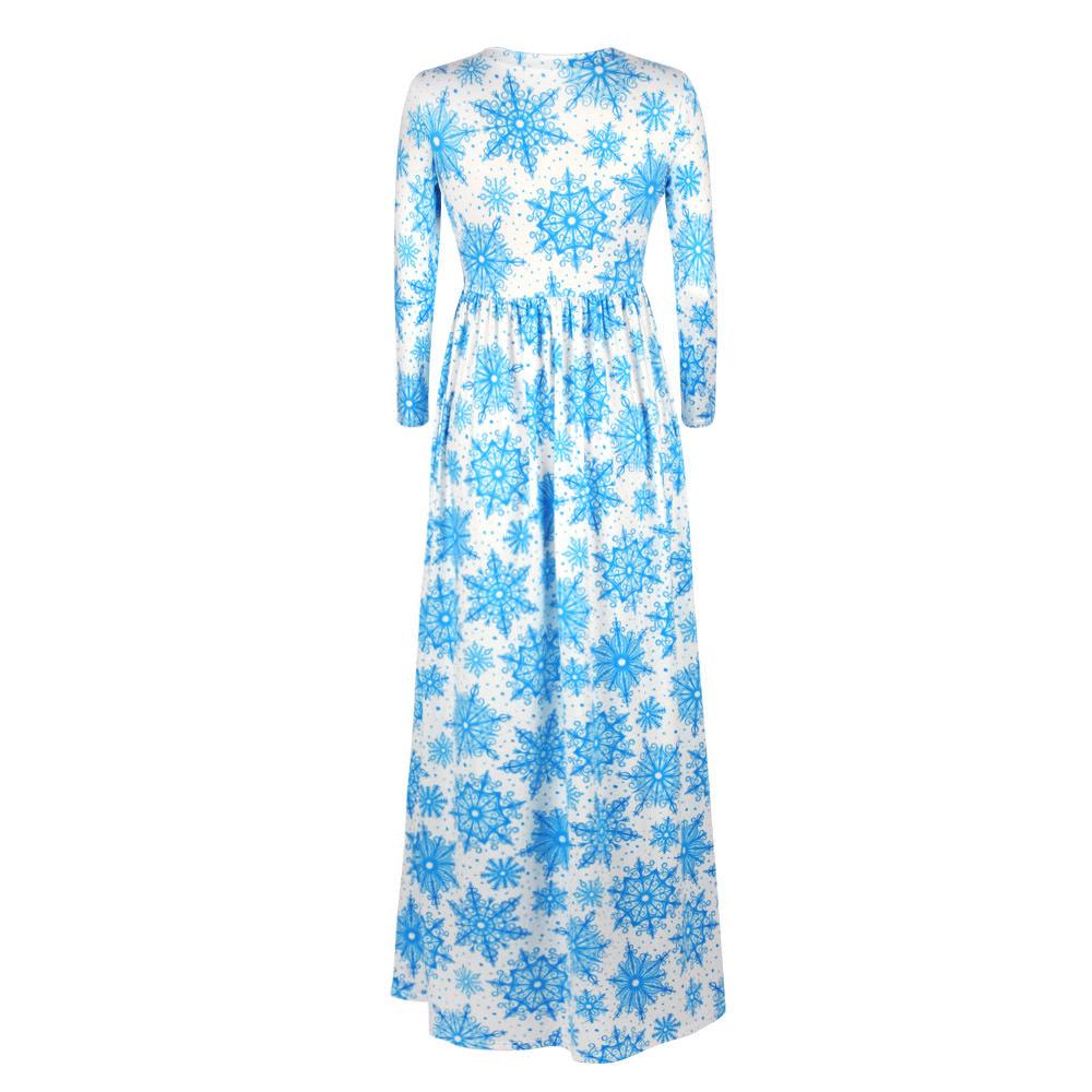 Christmas Dresses - Long Sleeves Blue Printed Dress