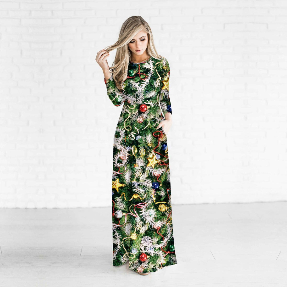 Christmas Dresses - Long Sleeves Xmas Tree Printed Dress