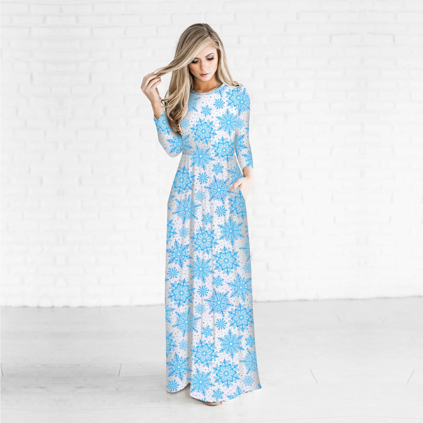 Christmas Dresses - Long Sleeves Blue Printed Dress