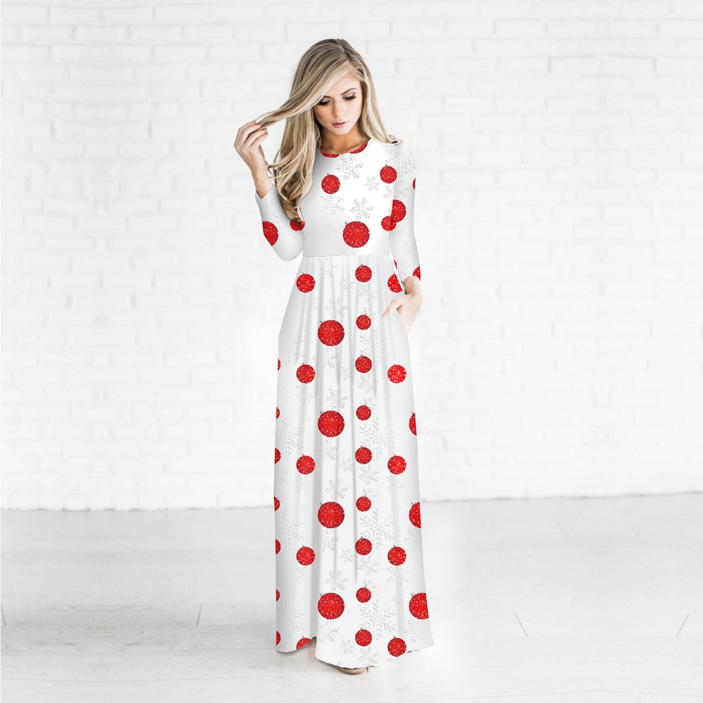 Christmas Dresses - Long Sleeves Red Dots Printed Dress