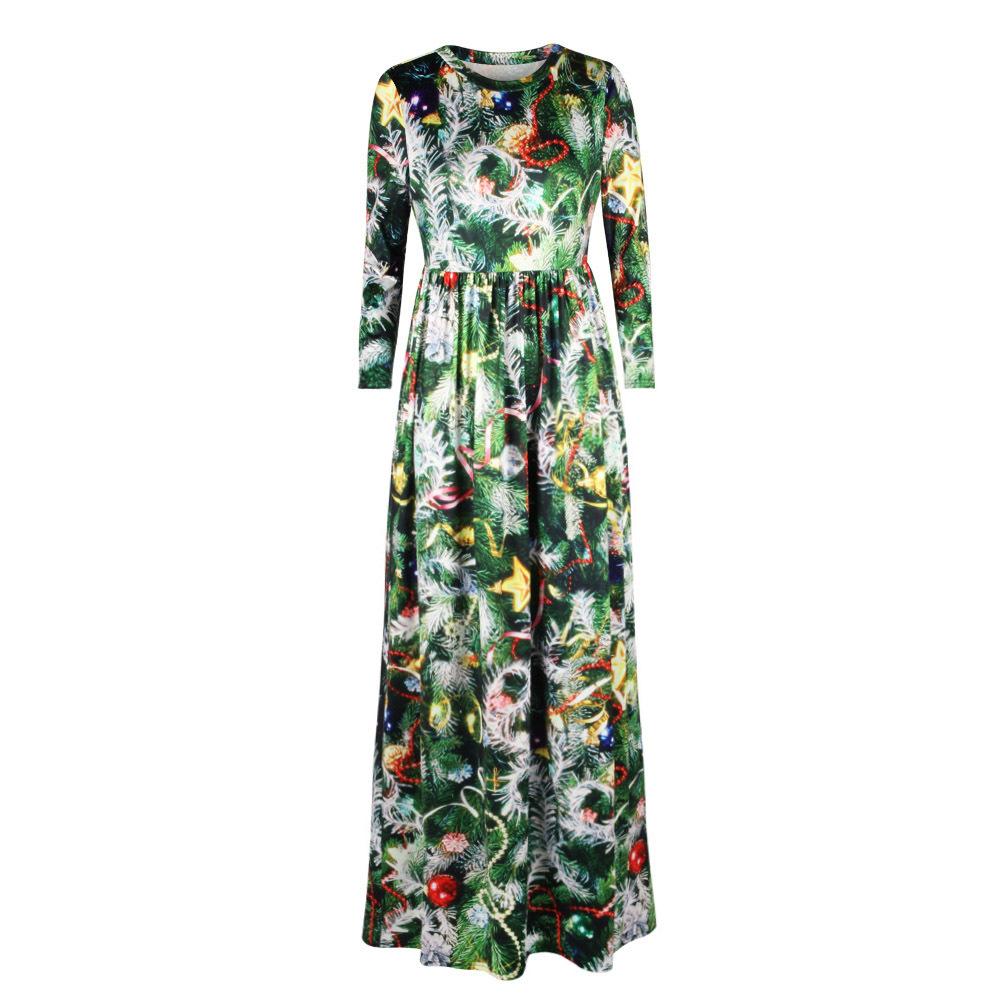 Christmas Dresses - Long Sleeves Xmas Tree Printed Dress
