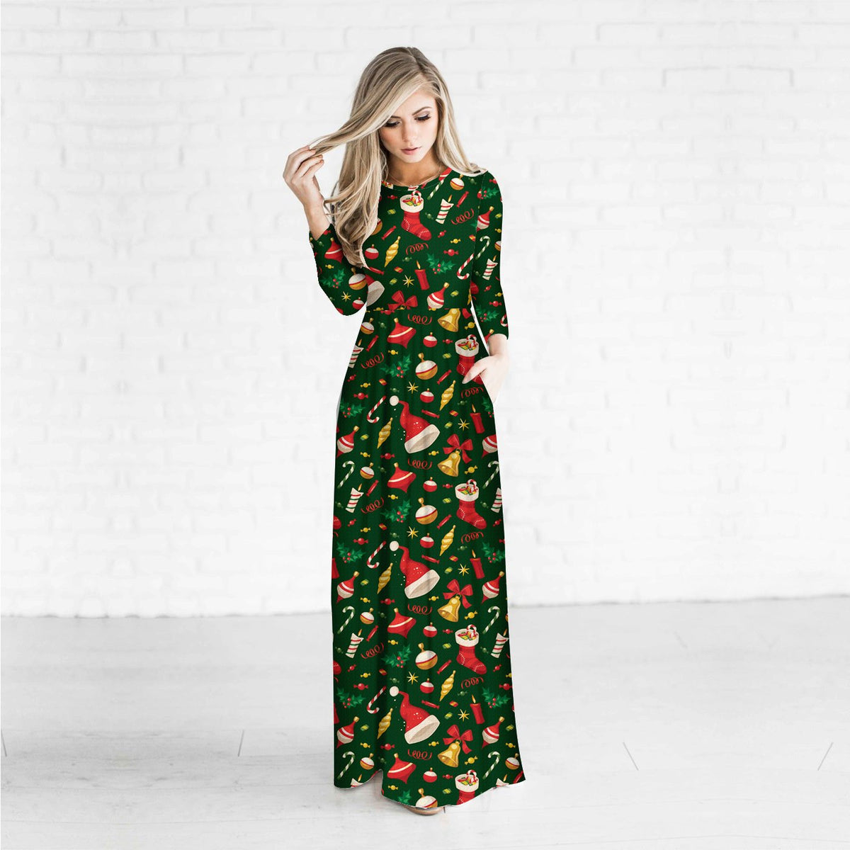 Christmas Dresses - Long Sleeves Xmas Hat Printed Dress