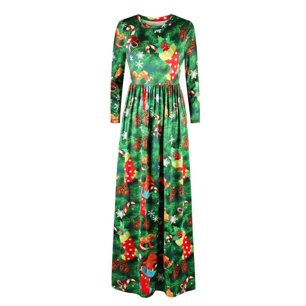 Christmas Dresses - Long Sleeves Xmas Tree & Sock Printed Dress