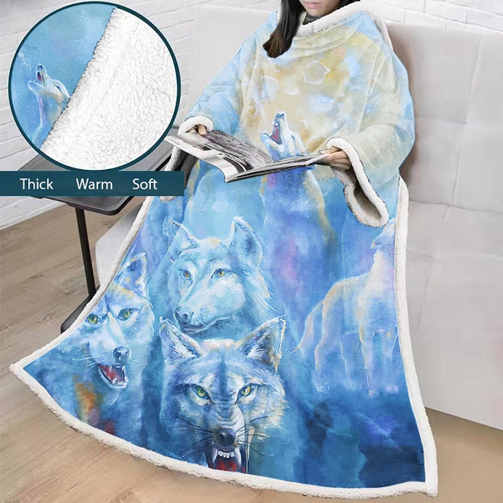 3D Digital Printed Blanket With Sleeves-Wolf Animal Blanket Robe