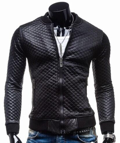 Solid Color Jackets- Zip Up Lingge Collar Black Genuine Leather Jacket