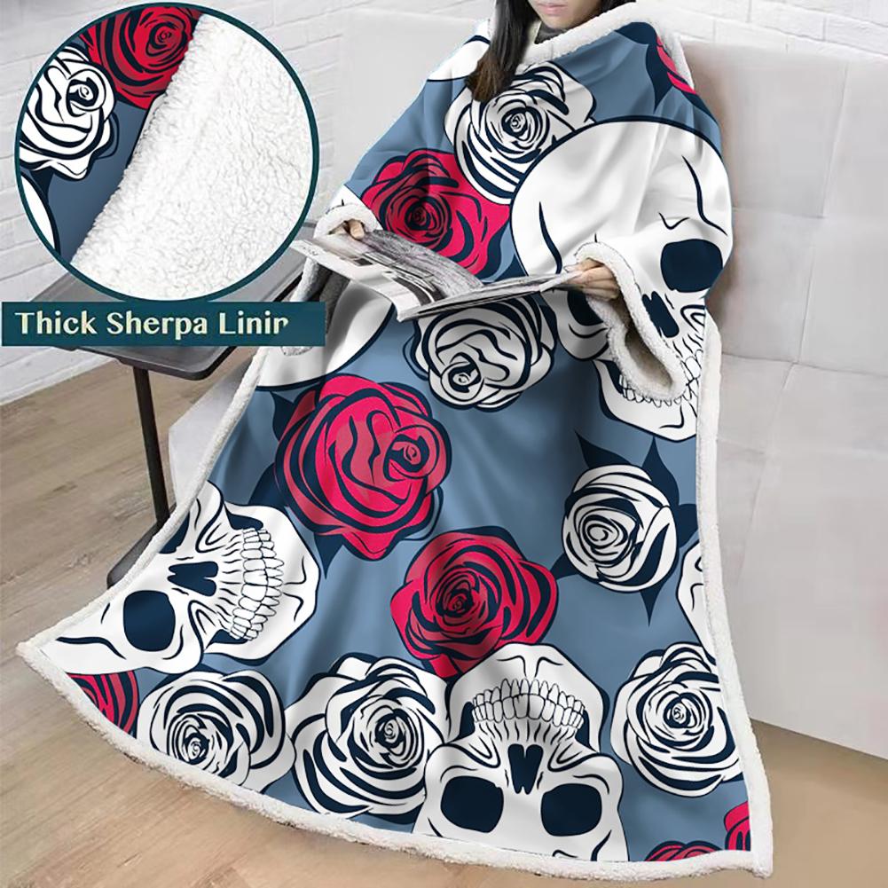 3D Digital Printed Skull Blanket With Sleeves-Horror Blanket Robe