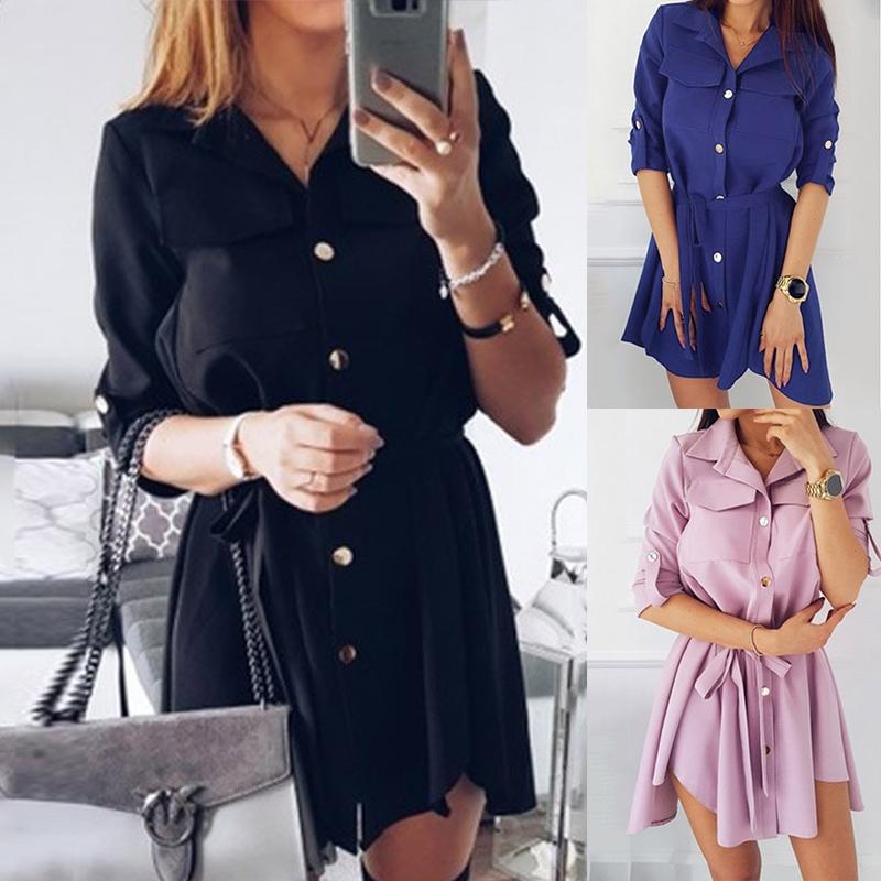 Women's Coats - Solid Button Tab-Sleeve Mini Dress Trench Coat