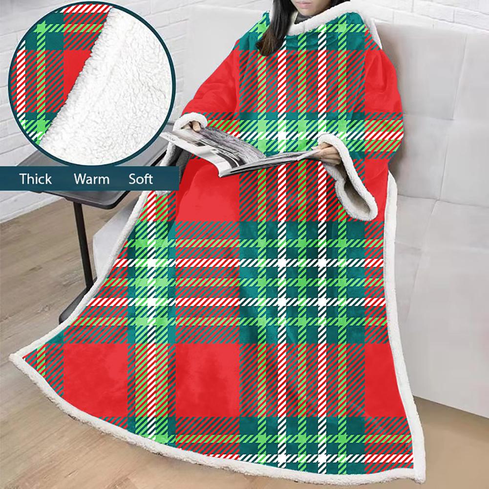 3D Digital Printed Blanket With Sleeves-Plaid Thickened Blanket Robe