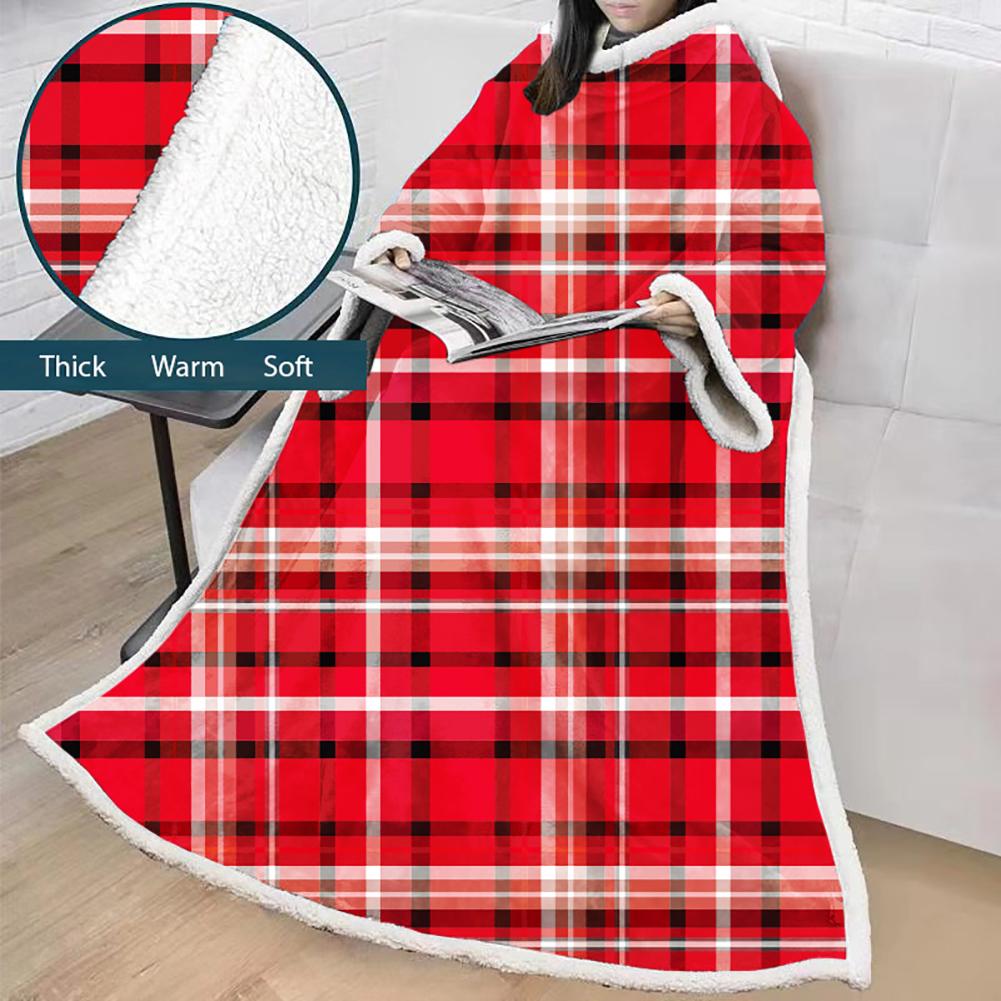 3D Digital Printed Blanket With Sleeves-Plaid Thickened Blanket Robe