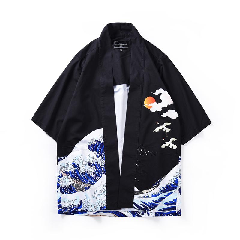 Men Fashion Kimono Cardigans Crane Bird Print Clothing