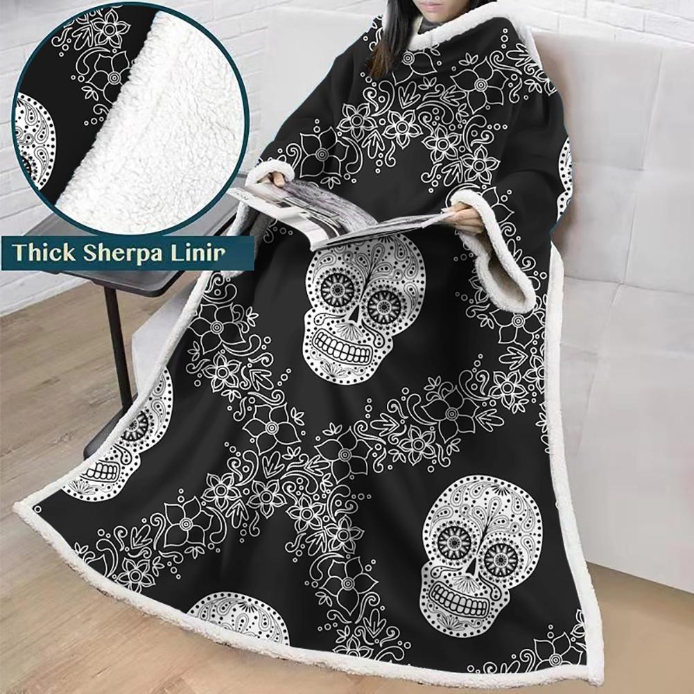 3D Digital Printed Skull Blanket With Sleeves-Horror Blanket Robe