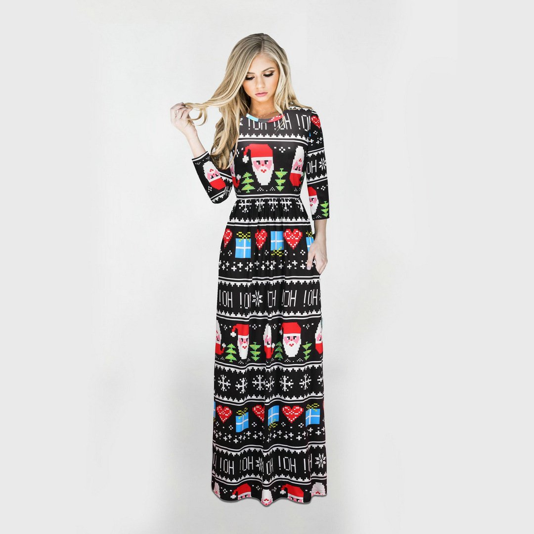 Christmas Dresses - Long Sleeves Xmas Santa Claus Black Dress