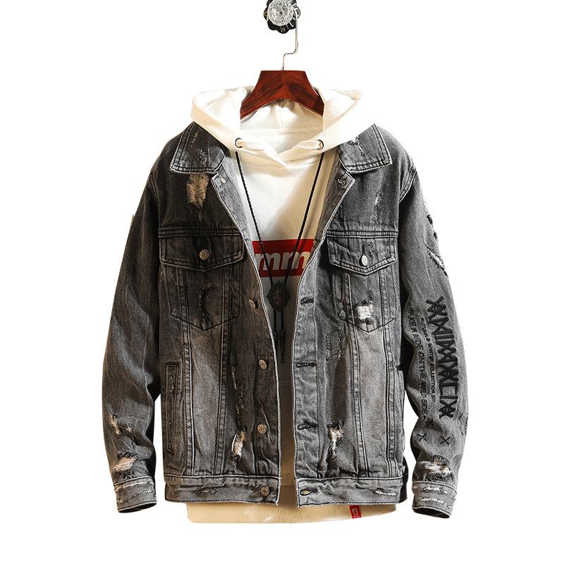 Denim Jackets - Solid Color Denim Jacket Series Embroidery Hole Super Cool Fleece Denim Jacket
