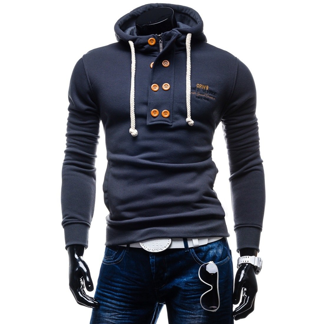 Solid Color Button Hoodies - Pullover Standing Collar Blue Grey Hoodie