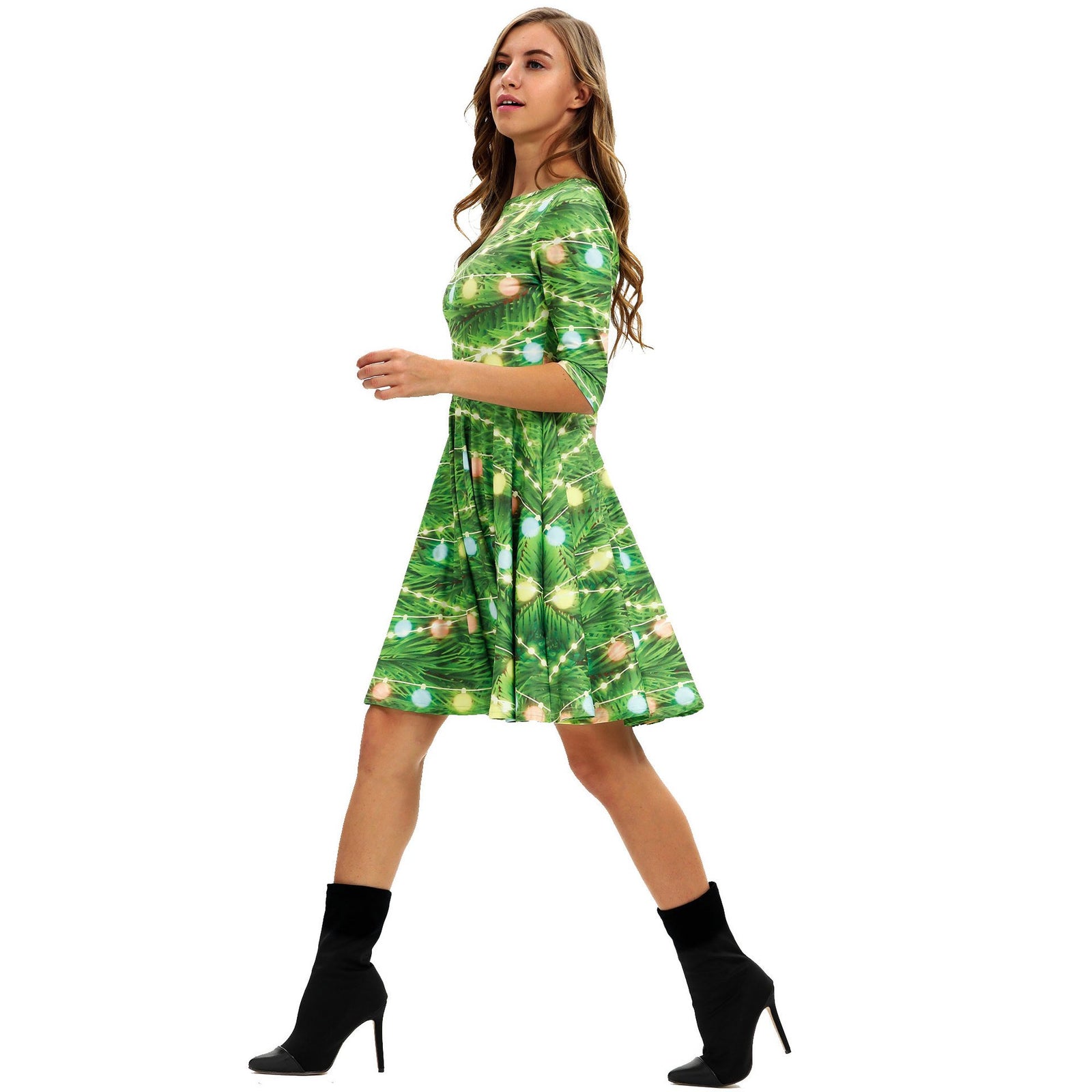 Christmas Dresses - Long Sleeves Xmas Bell Printed Green Dress