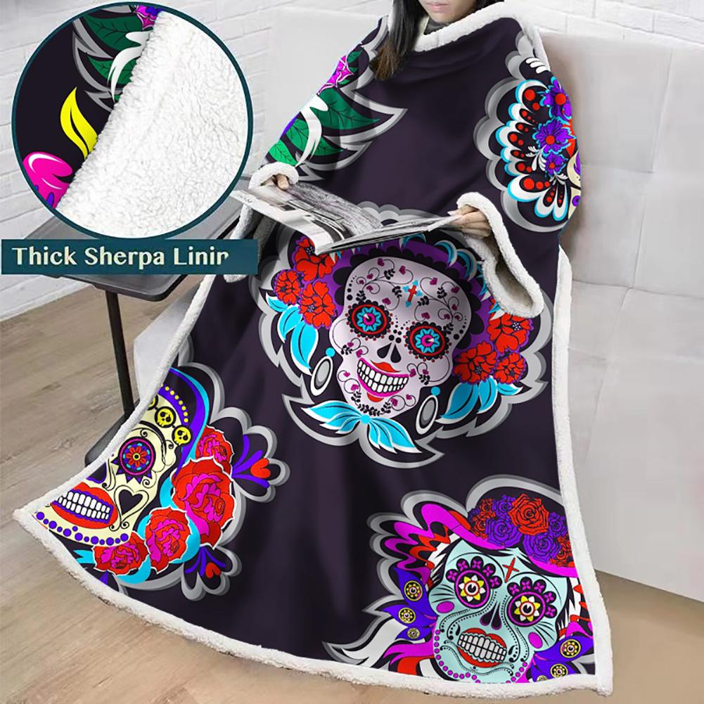 3D Digital Printed Skull Blanket With Sleeves-Horror Blanket Robe