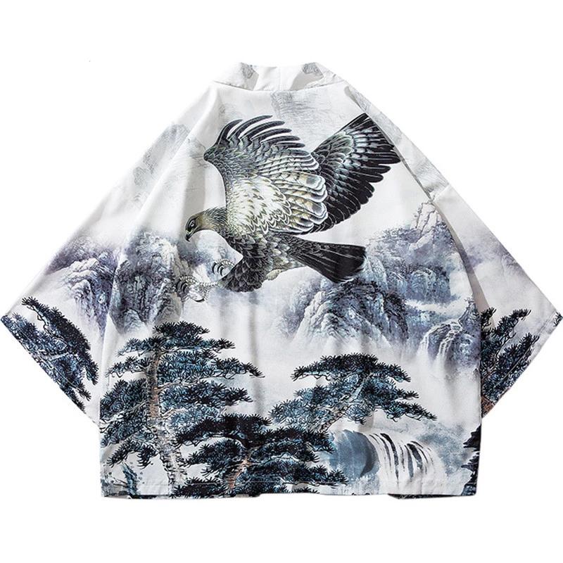 Men Summer Chinese Paint Eagle Tree Print Harajuku Kimono Jacket