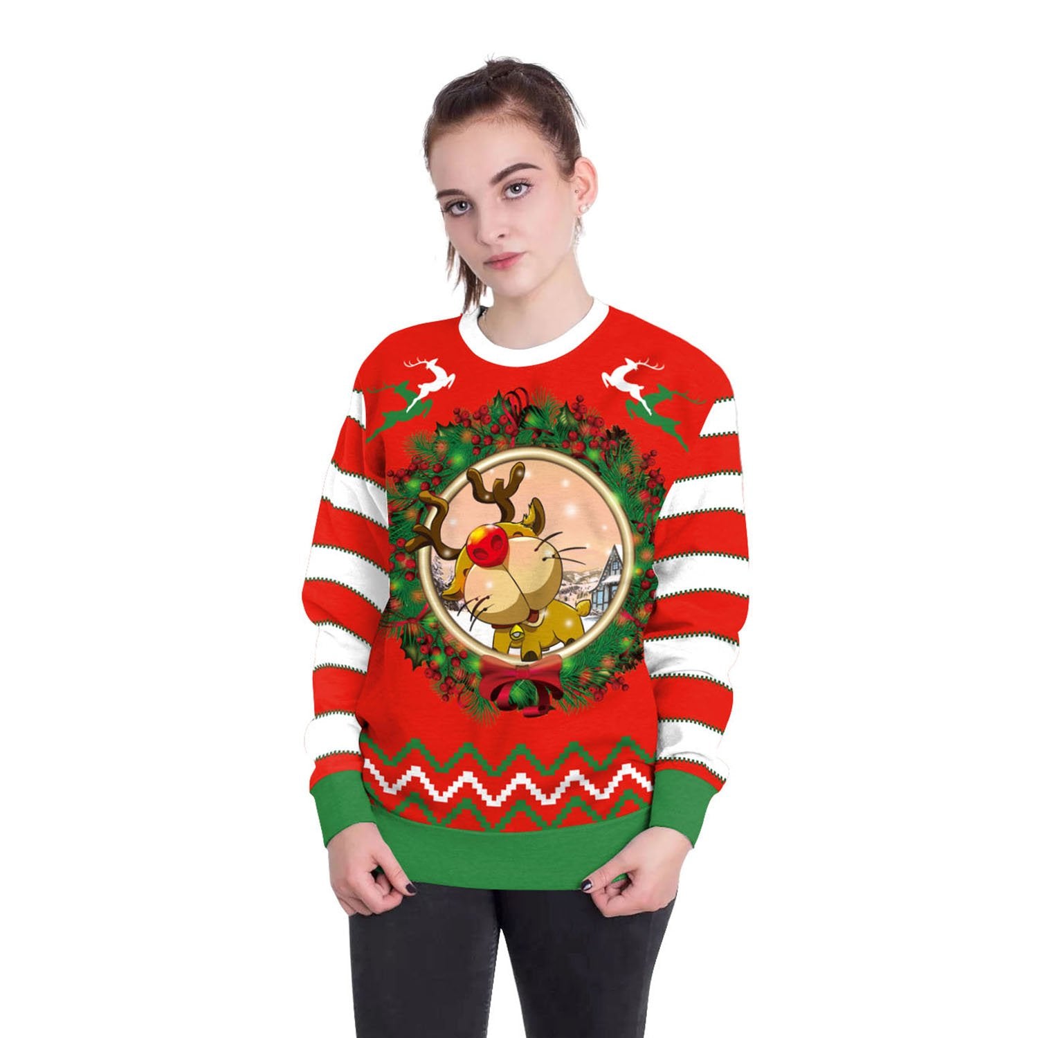 Christmas Sweatshirts - Super Cute Cartoon Deer Icon Red 3D Sweatshirt