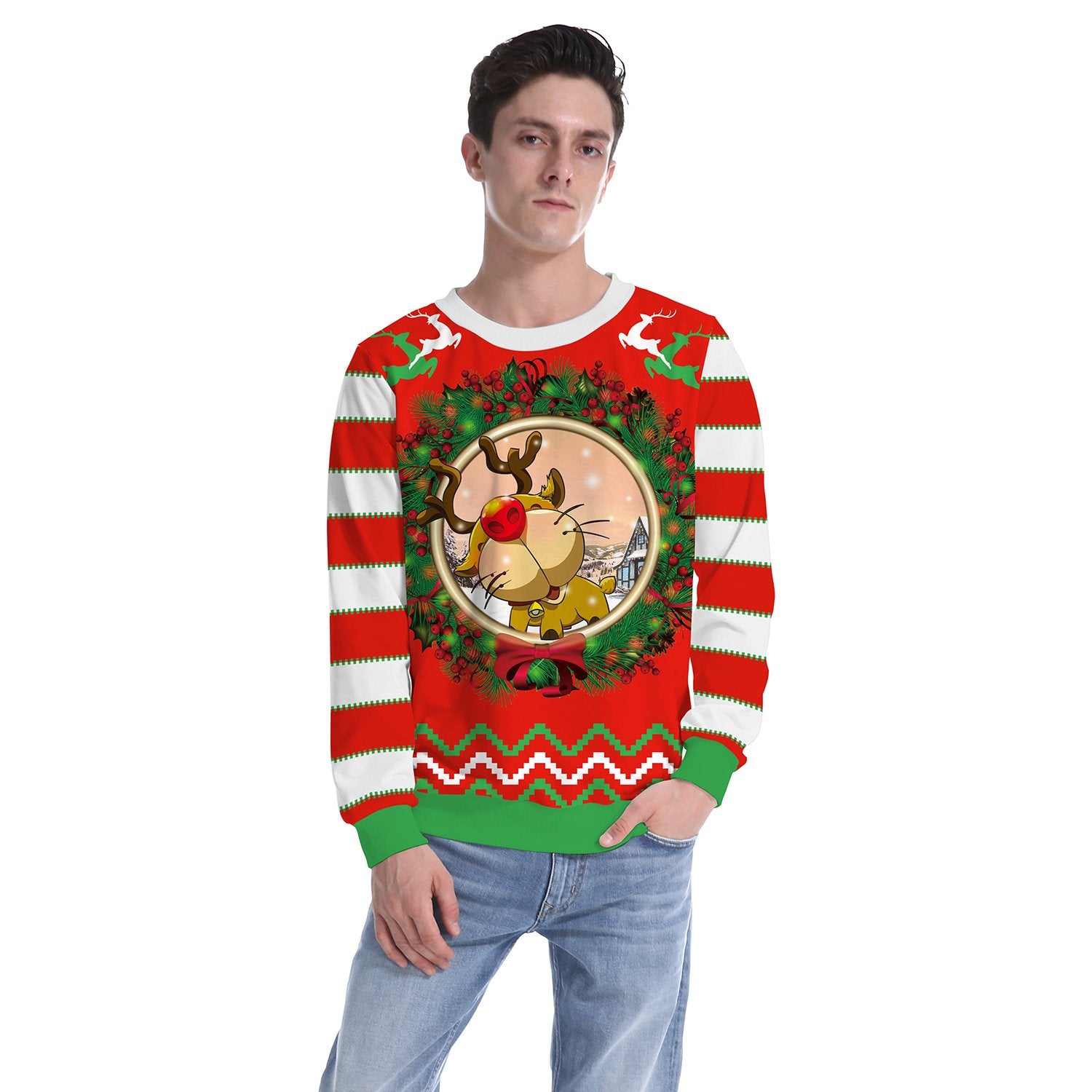 Christmas Sweatshirts - Super Cute Cartoon Deer Icon Red 3D Sweatshirt