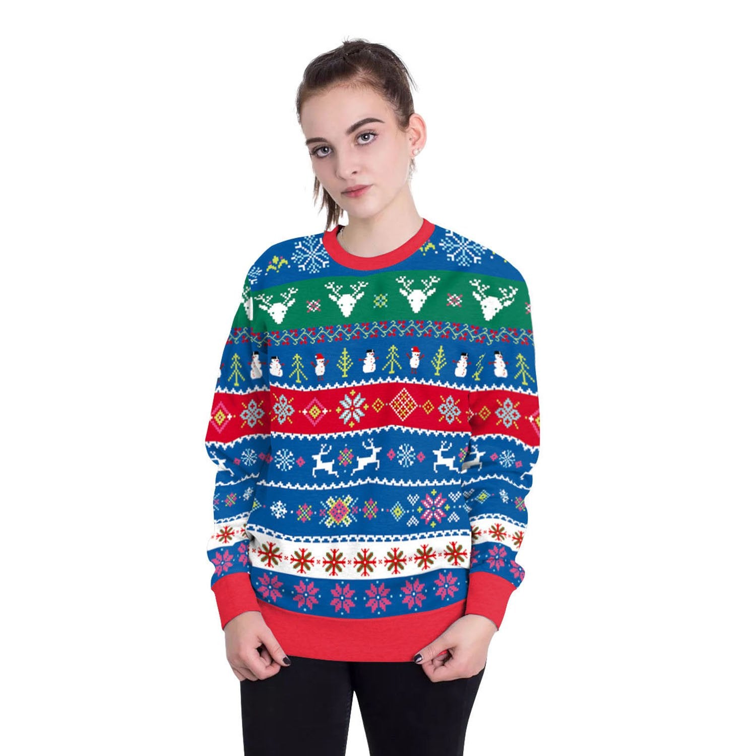 Christmas Sweatshirts - Christmas Deer and Snowman Striped Pattern 3D Sweatshirt