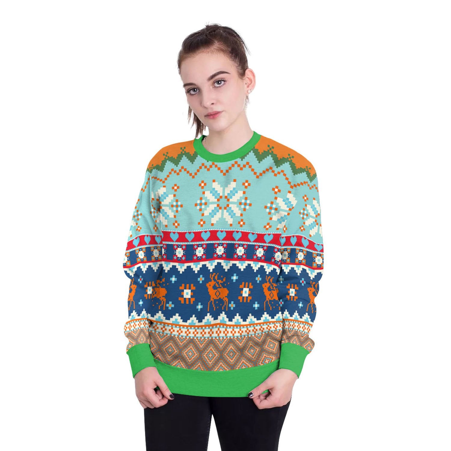 Christmas Sweatshirts - Christmas Snowflake and Deer Striped Pattern 3D Sweatshirt