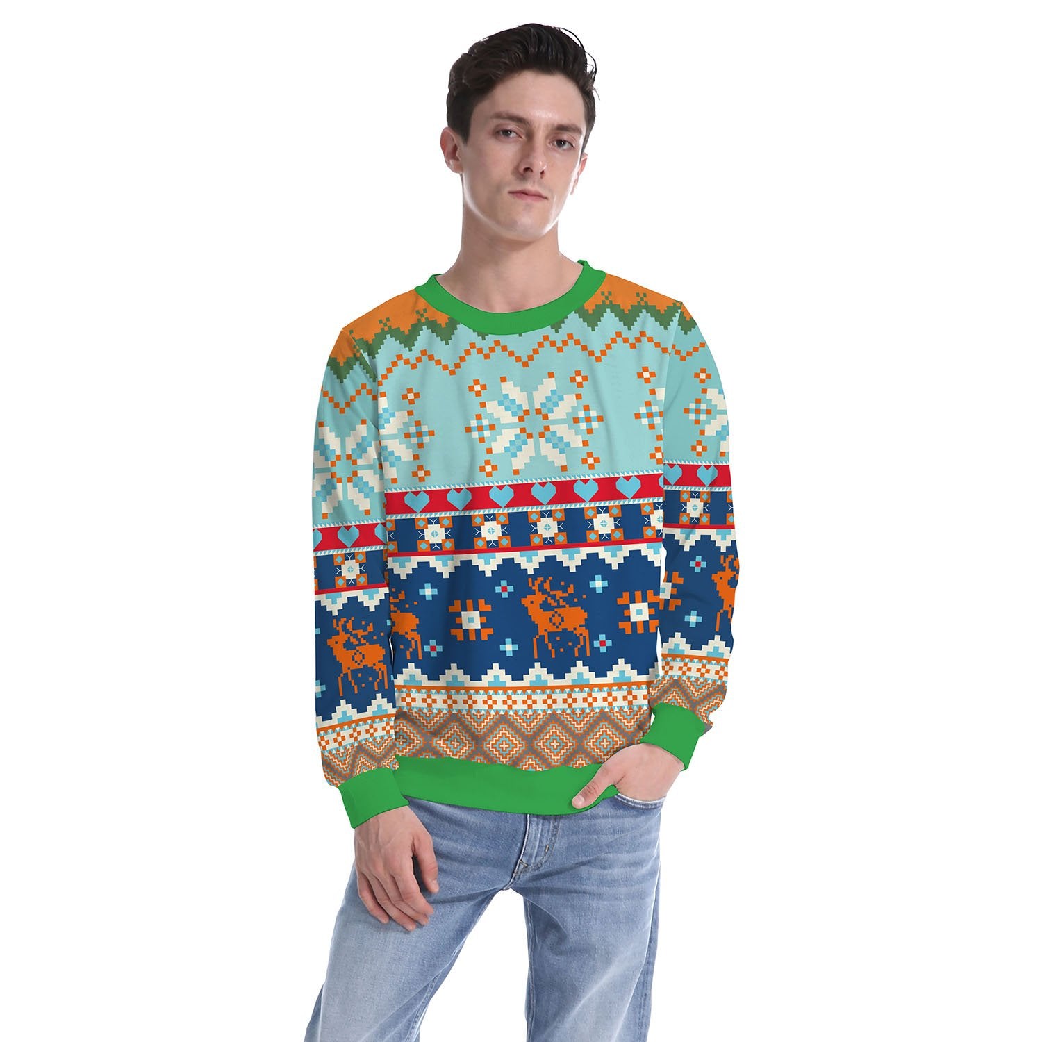 Christmas Sweatshirts - Christmas Snowflake and Deer Striped Pattern 3D Sweatshirt