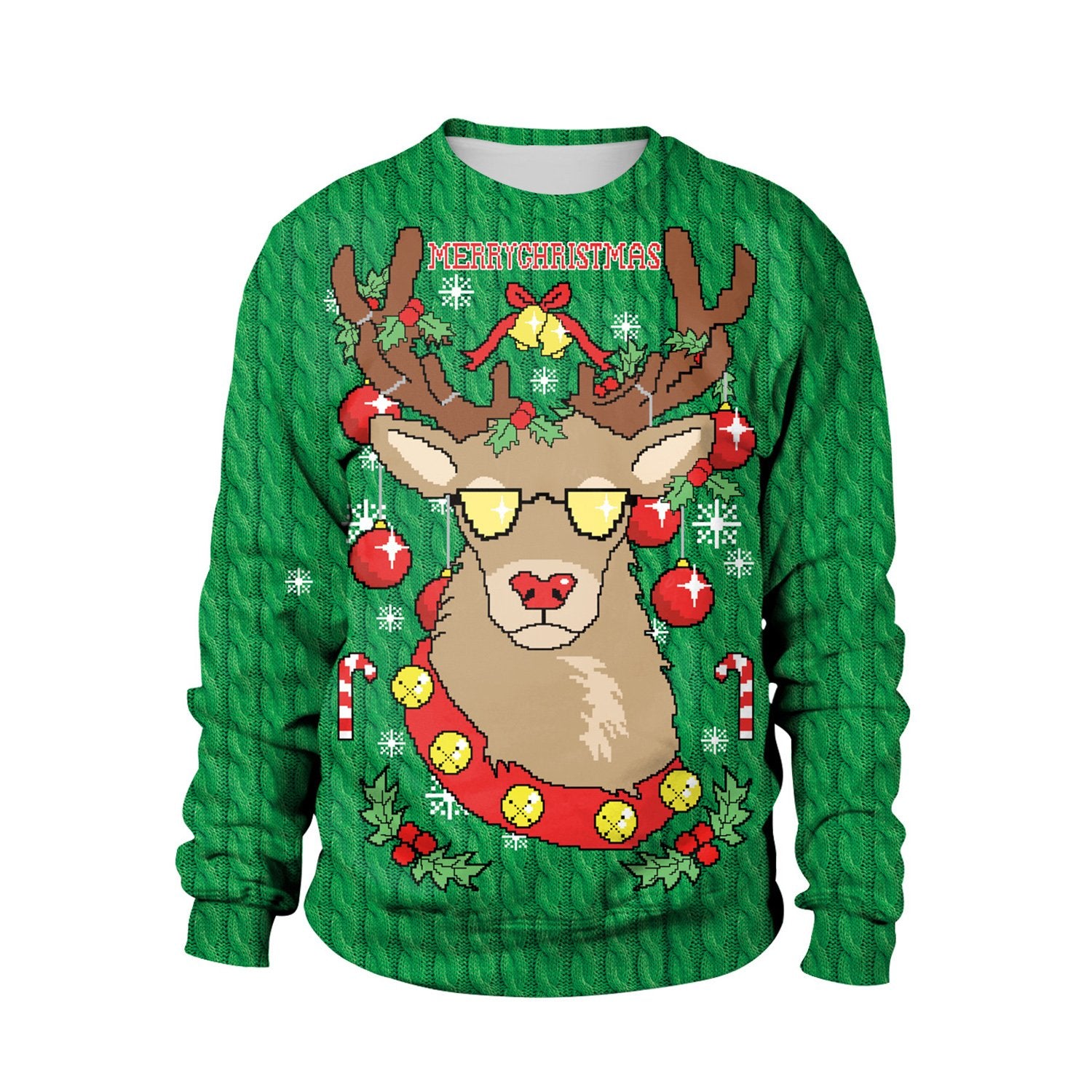 Christmas Sweaters - Glasses Deer 3D Green Crew Neck Sweatshirt