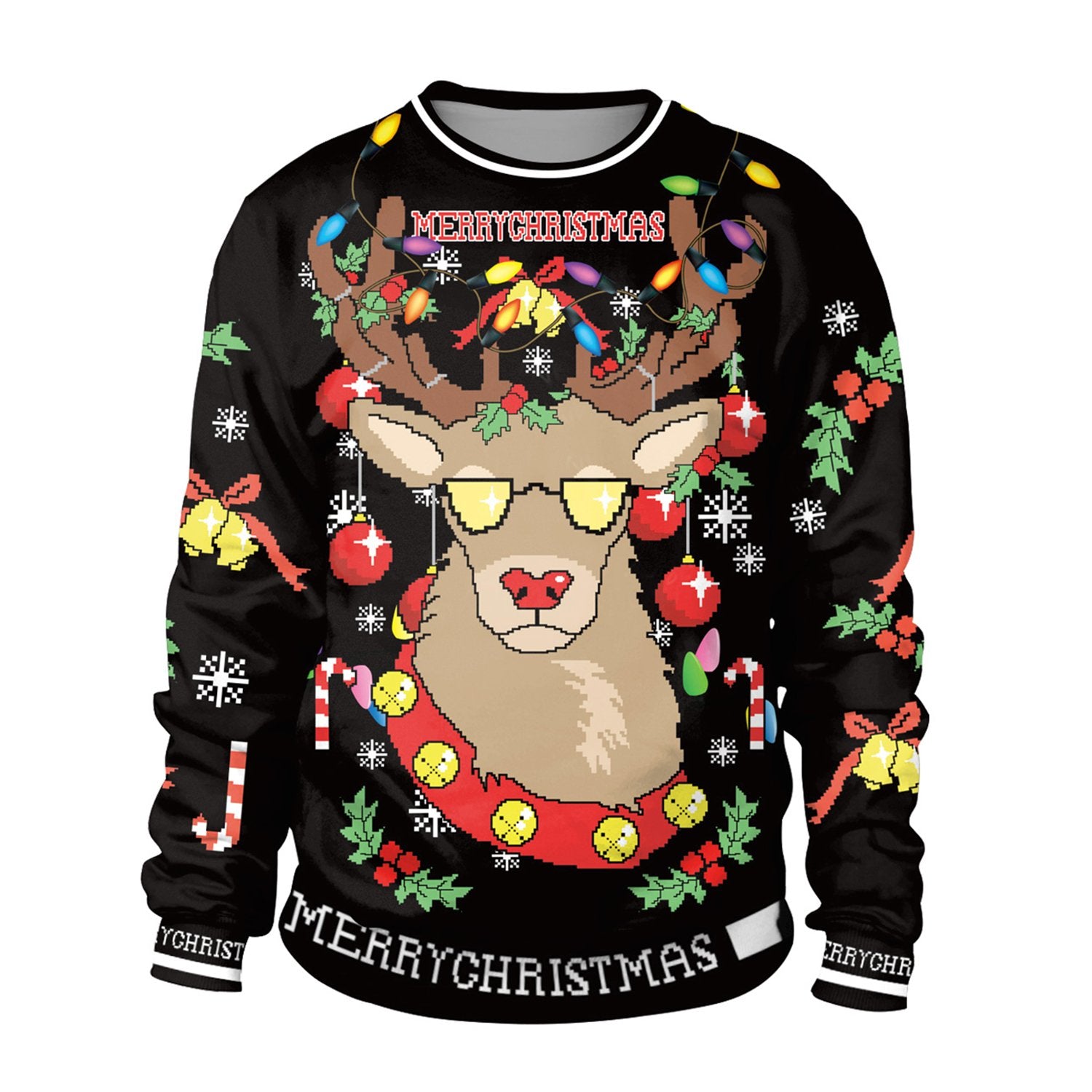 Christmas Sweaters - Glasses Deer 3D Black Crew Neck Sweatshirt