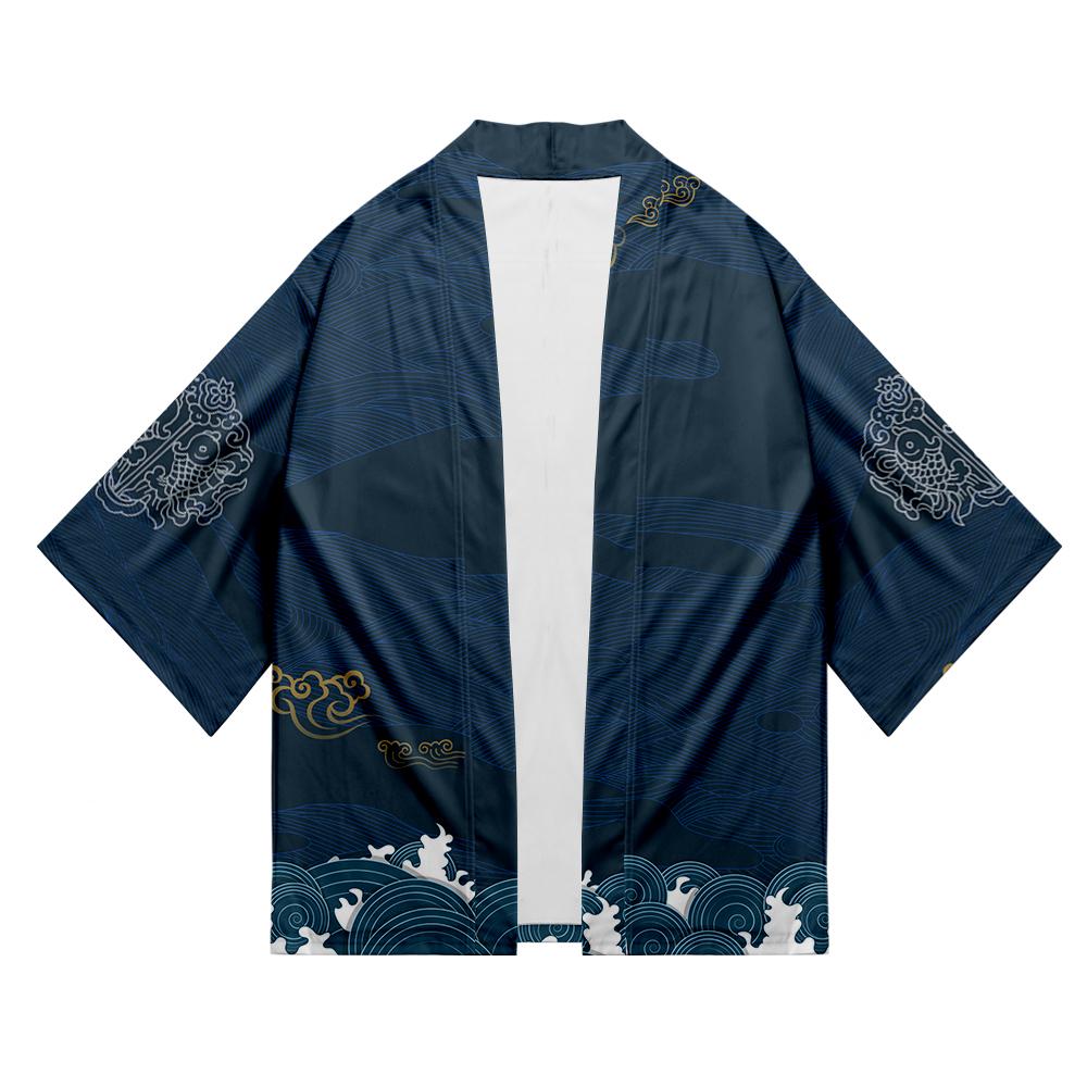 Mens Blue Casual Kimono Print Japanese Clothes