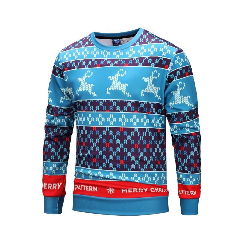 Christmas Sweatshirts -Blue Christmas Snowflake Deer Striped Pattern Icon 3D Sweatshirt