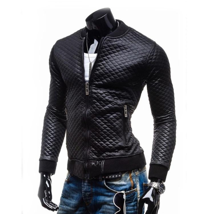 Solid Color Jackets- Zip Up Lingge Collar Black Genuine Leather Jacket