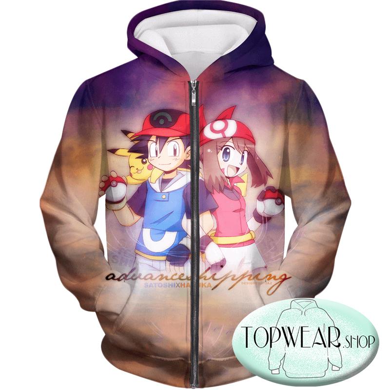 Pokemon Hoodies - Trainers Ash and May Zip Up Hoodie