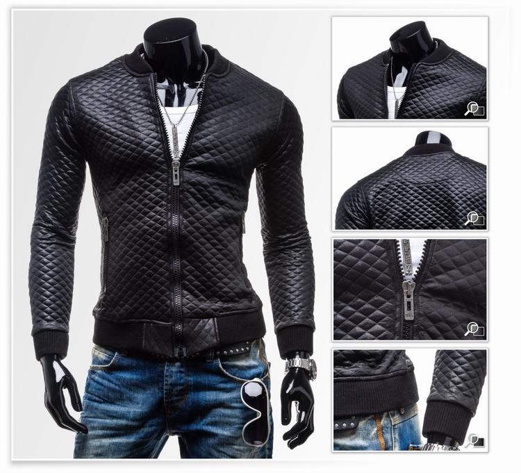 Solid Color Jackets- Zip Up Lingge Collar Black Genuine Leather Jacket