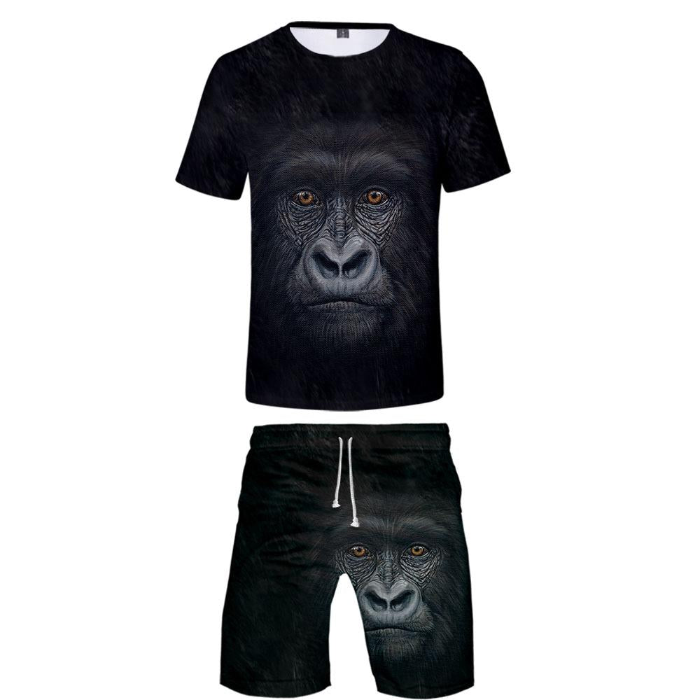 Men‘s Fashionable Black 3D Print Orangutan T-Shirt and Shorts Two-piece Set