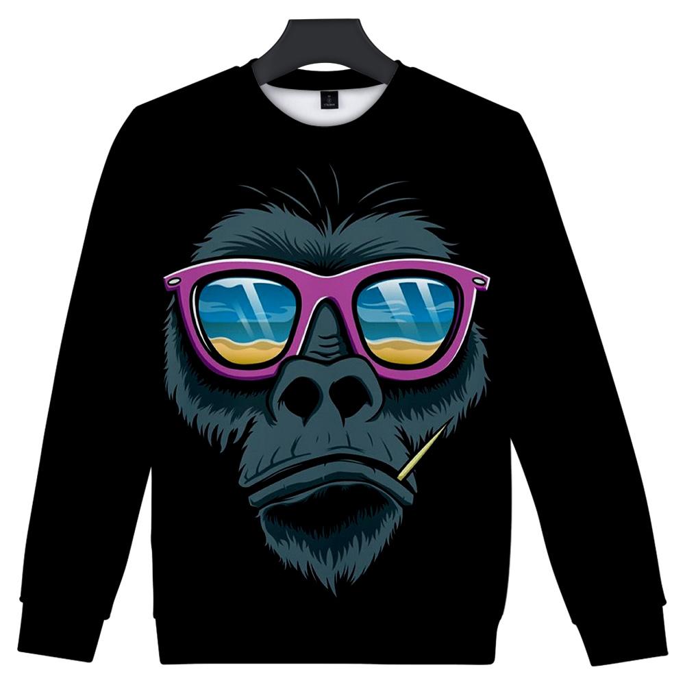 Unisex Fashionable Black 3D Print Cartoon Orangutan Sweatshirts