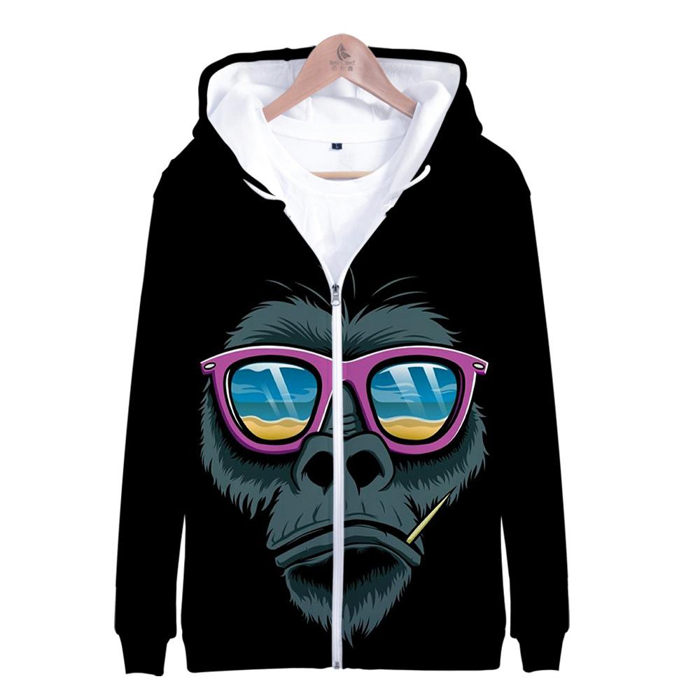 Unisex Fashionable Black 3D Print Cartoon Orangutan Zip Up Jacket