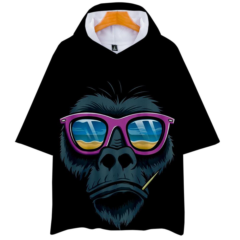Fashionable Black 3D Print Cartoon Orangutan Half Sleeve Hoodie